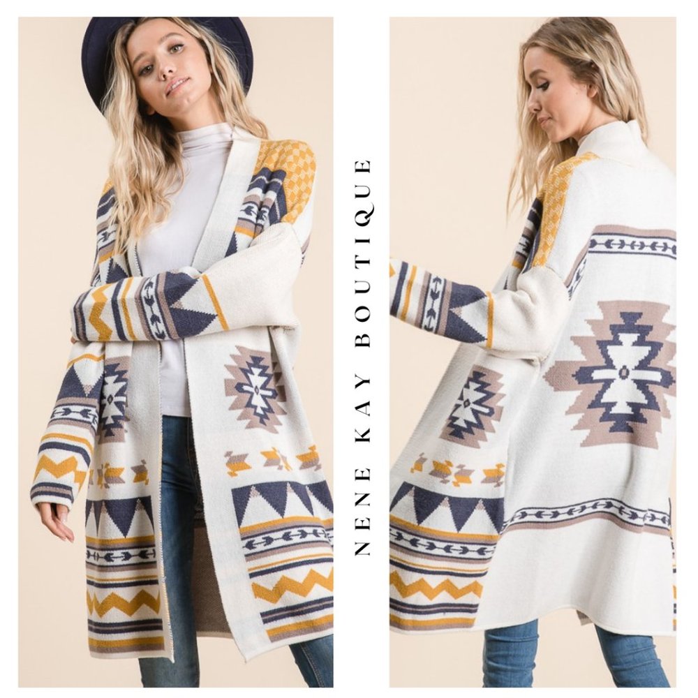 Women's Ivory Aztec Cowichan Boho Print Cardigan Western Open Front Sweater Coat